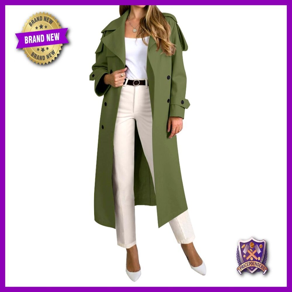 Oversized Trench Coat Double Breasted Lapel Windproof Overcoat Belted Classic